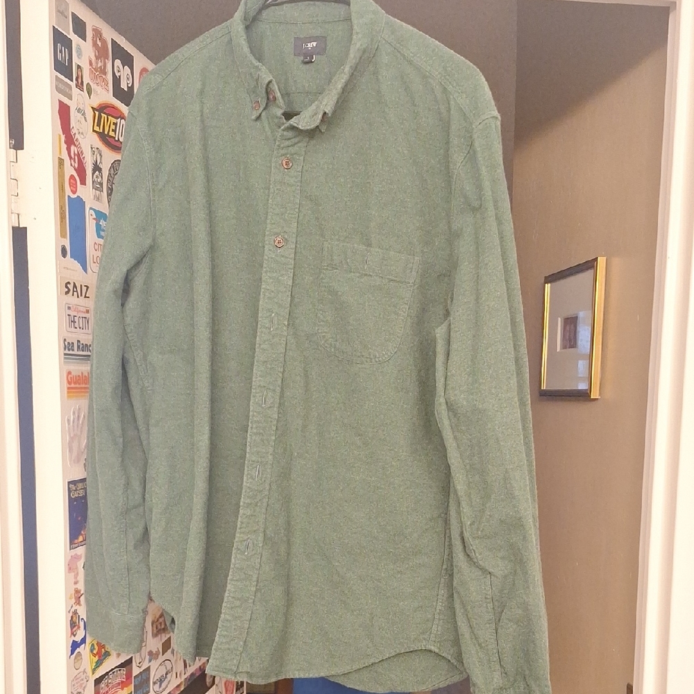 J. Crew Thick Pure Linen Green Buttondown Collar